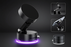 Black adjustable stand with multiple attachments on a white background