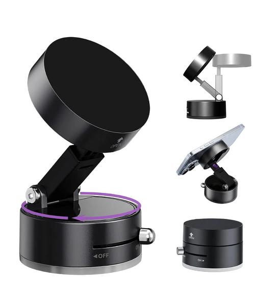 Black adjustable stand with multiple attachments on a white background
